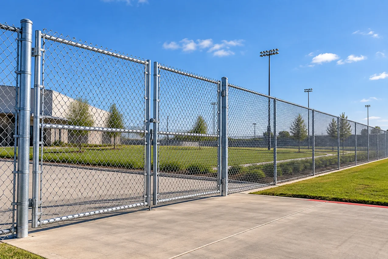 Illustrative rendering of galvanized chain-link fence and double gate